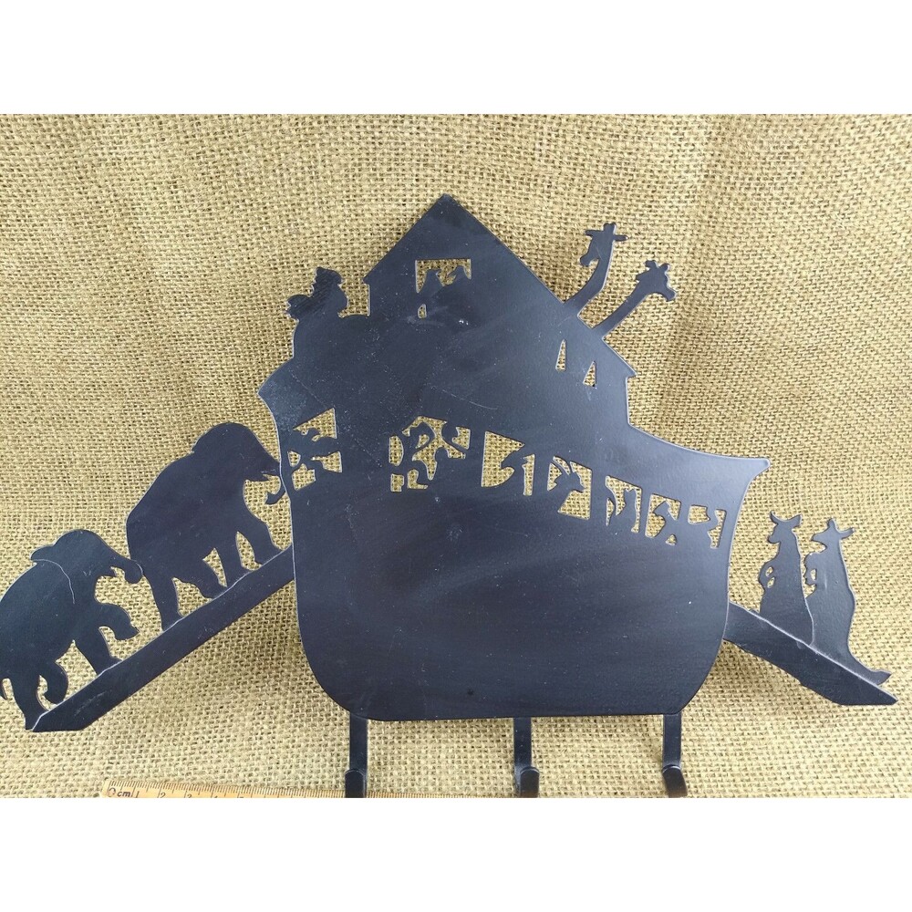Noah's Ark Metal Wall Hook Giraffes Elephants Kangaroos 3 Hooks Black Vintage